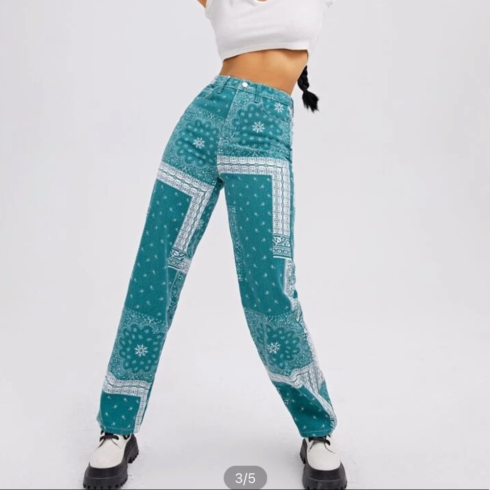 Paisley print high waist straight leg denim